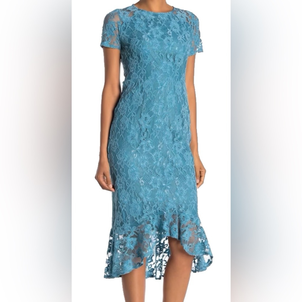 Nanette Lepore Teal Lace Flounce Midi Sheath Dress